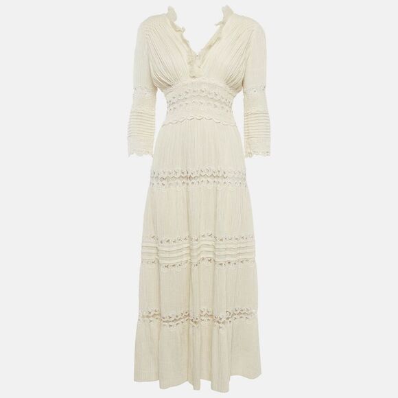 Chloe Cream Pintucked Linen Lace Panelled Maxi Dress S - Picture 1 of 5